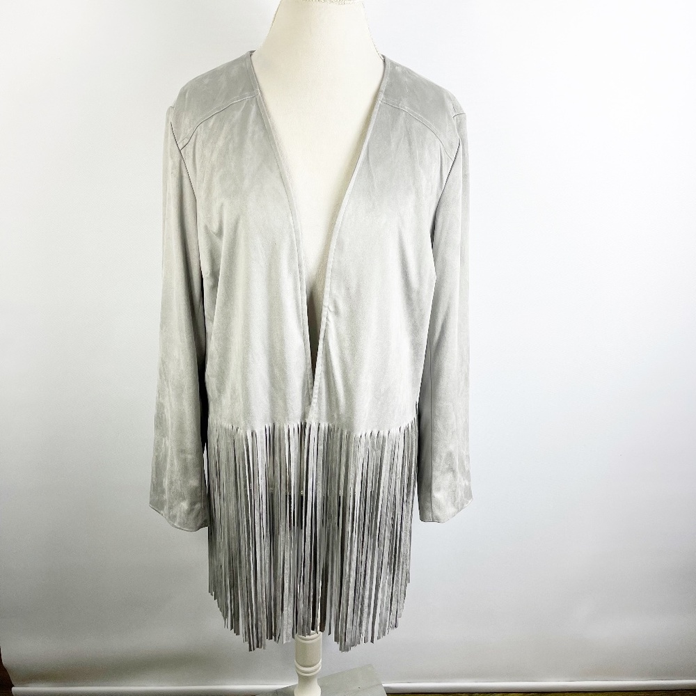 Chicos Gray Faux Vegan Suede Fringe Jacket Open Front Western Boho Sz 2 = Large
